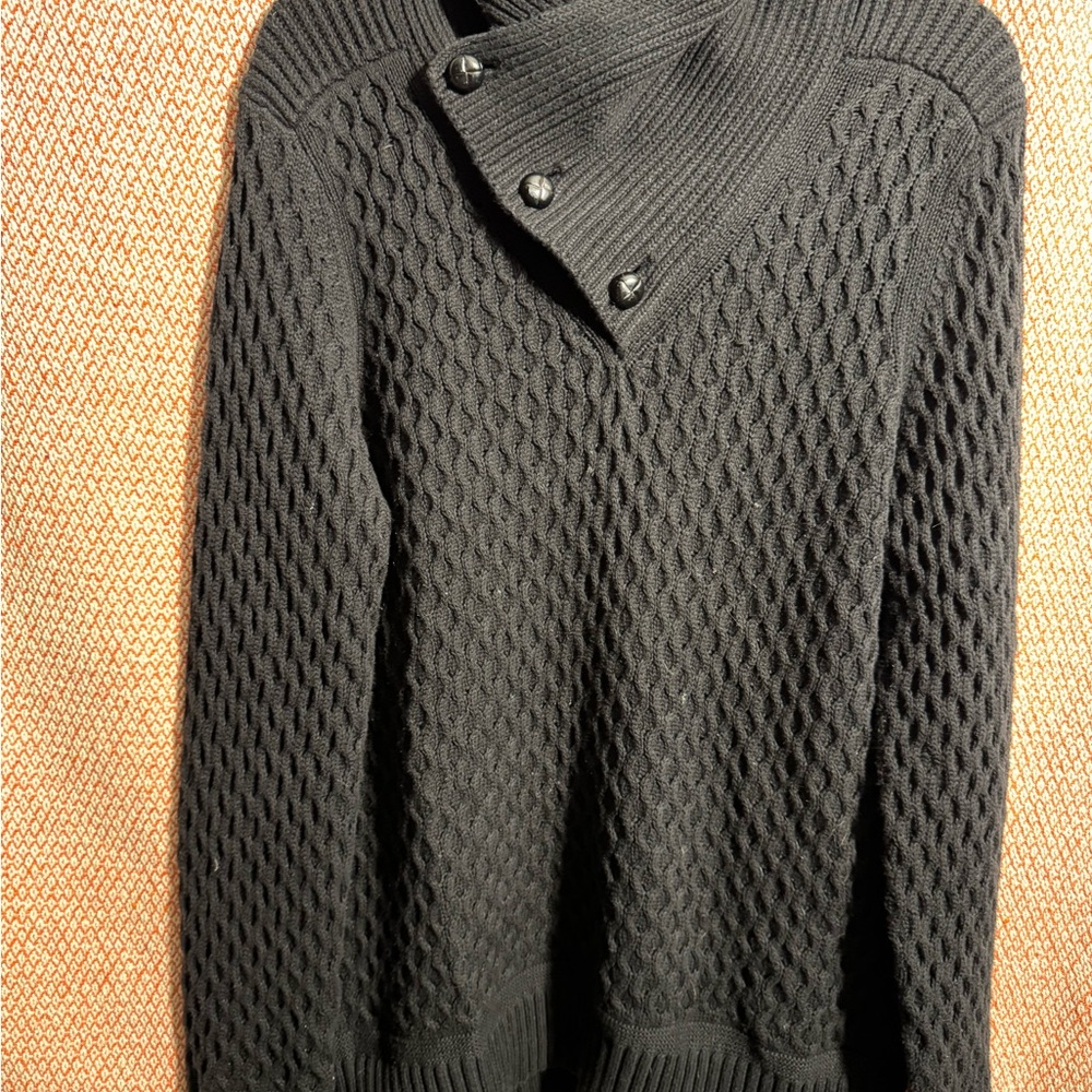 Vintage Armani Exchange Fisherman Cable Knit Shawl Sweater in black cotton Sz L
